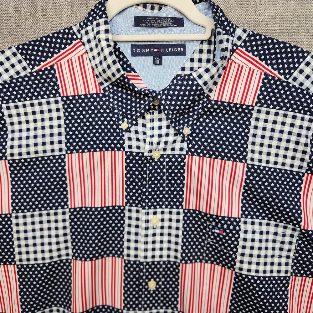 Tommy Hilfiger Mens XXL Patchwork Flag Stars Stripes Button Shirt Cotton USA